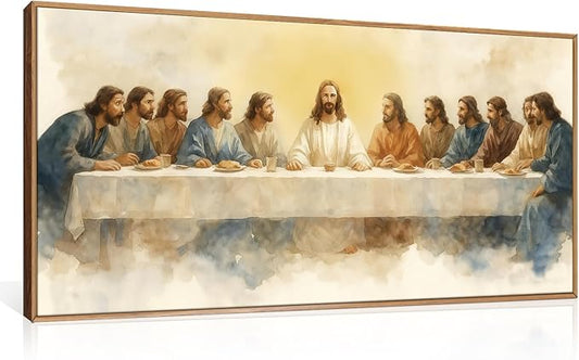 FWIEXA Jesus Last Supper Canvas Wall Art, Framed Christian Decor Painting, Religious Boho Prints, Bible Watercolor Artwork, 20x40In Verse Scripture Pictures for Living Room,Bedroom,Prayer Room