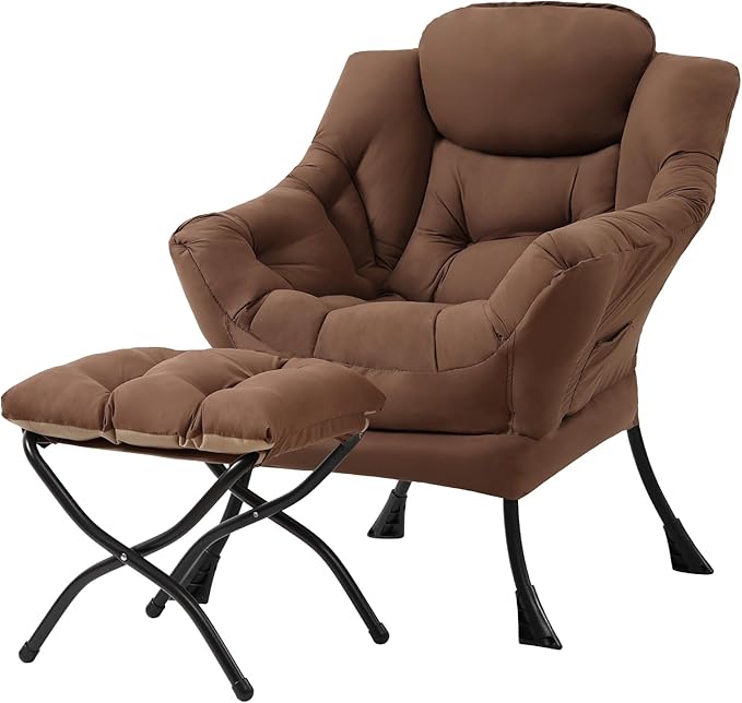 Tiita Lazy Chair with Ottoman, Brown Modern Large Accent Chair, Comfy Leisure Sofa Armchair with Ottoman, Reading Chair with Footrest for Bedroom, Living Room, Dorm Rooms, Brown