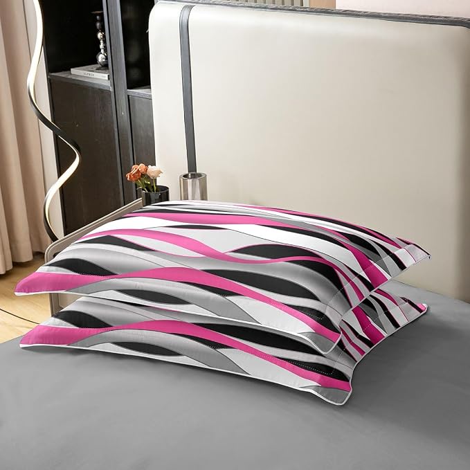 Erosebridal Pink Grey Black 100% Cotton Duvet Cover Twin Geometric Spiral Bedding Set for Kids Teens Adults Modern Stripe Lines Comforter Cover Abstract Retro Stripes Bed Set 2 Pcs