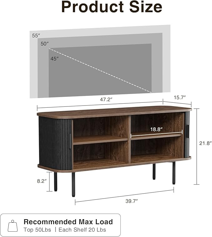 47''W Black Storage Cabinet, Fluted Sideboard Buffet Cabinet with Storage, Console Table Credenza with Tambour Slatted Sliding Doors and Shelves, Modern TV Stand for Living Room, Kitchen, Entryway
