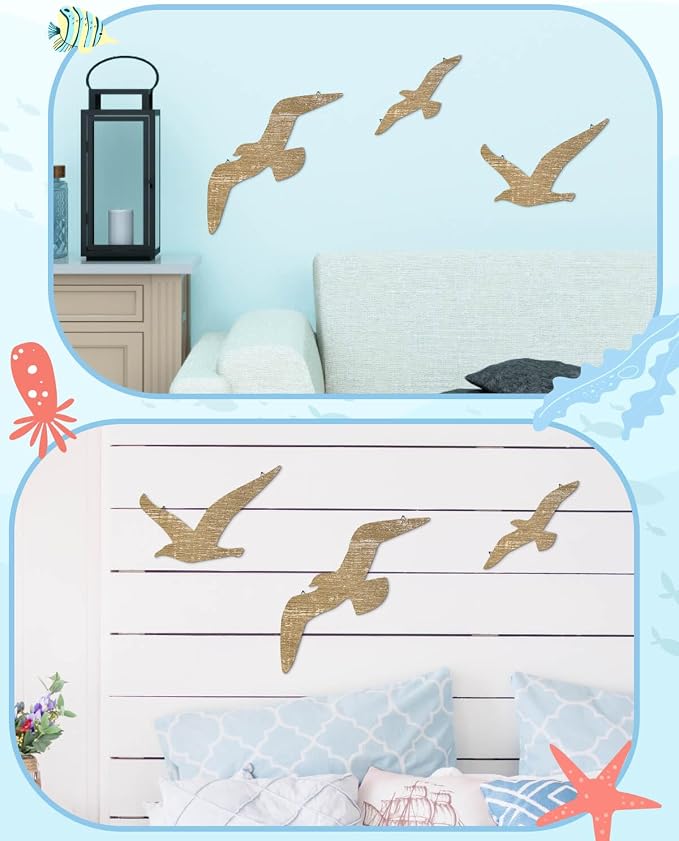 Putuo Decor Wooden Seagull Art Wall Decor Set - Rustic Coastal Birds Wall Sculptures with Metal Hooks, Farmhouse Cottagecore Accents for Beach House Bathroom Ocean Inspired Decor