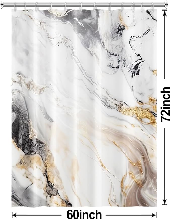 Grey and White Shower Curtain, Modern Grey Marble Shower Curtain for Bathroom Aesthetic Waterproof Shower Curtain Set with Hooks, 60x72 Inch