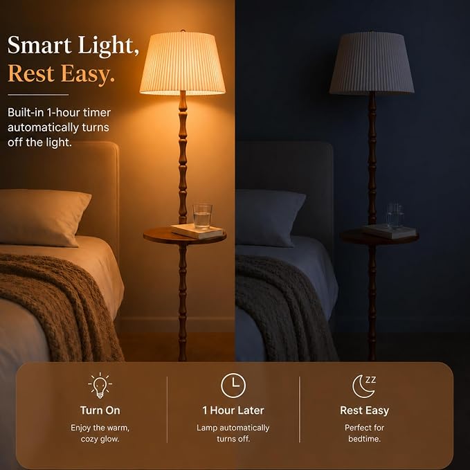 Real Wood Floor Lamp with Built-in Tray, Remote Control, Adjustable Brightness & 3 Color Temperatures, Dimmable Standing Lamp for Living Room, Bedroom, and Office – Easy Setup(Light Walnut)