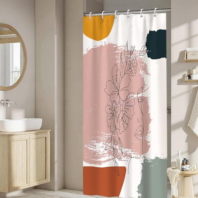 Boho Abstract Line Art Shower Curtain Modern Minimalist Bathroom Decor Floral Woman Face Abstract Color Block Chic Aesthetic Bathtub Curtains Washable Waterproof Polyester Fabric with Hooks 48x72 Inch