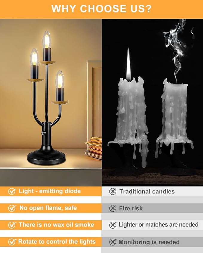 3-Light Dimmable Candelabra Table Lamp with LED Bulbs Included, Vintage Industrial Black Metal Desk Lamp, Retro Candle Nightstand Light for Bedroom, Living Room, Office, Cafe Decor