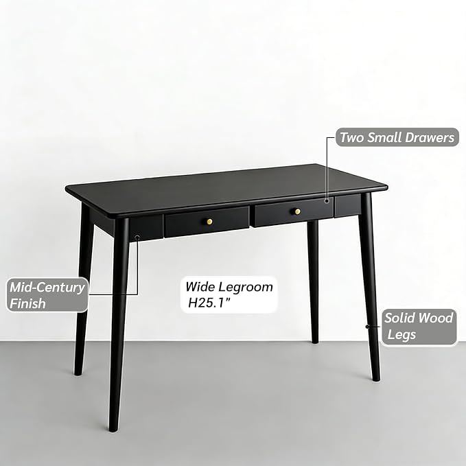 Mid Century Modern Desk, Wood Home Office Computer Desk with 2-Drawers, Vintage Writing Desk Workstation for Study, Bedroom(47.2 inch, Black)