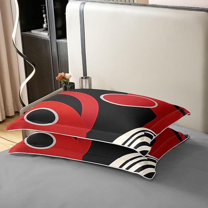 Erosebridal Red Black 100% Cotton Duvet Cover King Geometric Striped Bedding Set for Kids Teens Adults Circle Modern Design Comforter Cover Abstract Artistic Bed Set 3 Pcs