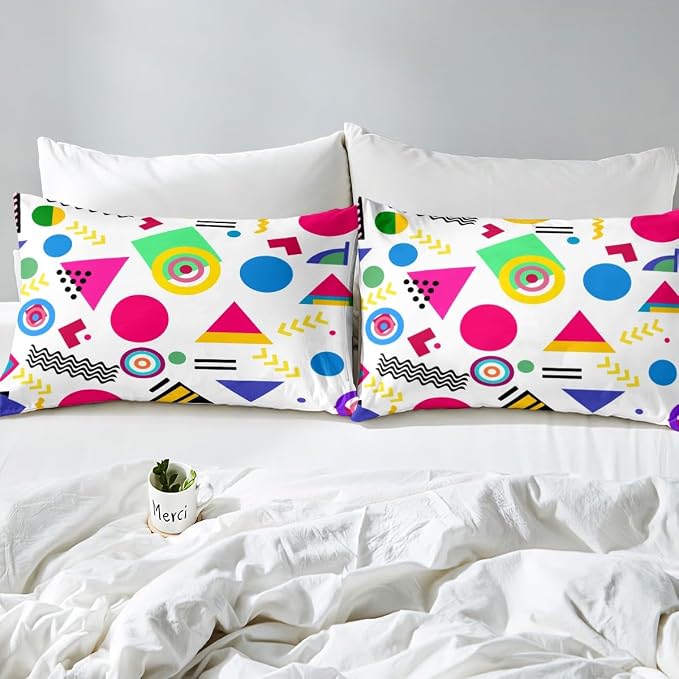80s 90s Bedding Set Memphis Pattern Old Fashioned Comforter Cover King,Geometric Abstract Colorful Dots Funky Duvet Cover Retro Bed Set,Multicolor Cute Vintage Rainbow 80'S Style 1980S Home Decor