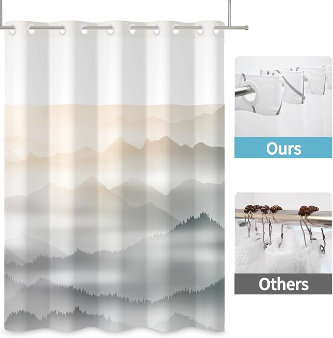No Hook Shower Curtain with Snap in Fabric Liner Set Nature Misty Mountains Shower Curtains for Bathroom Modern Double Layers Waterproof with See Through Top Window Bath Curtain 71x74 Inch