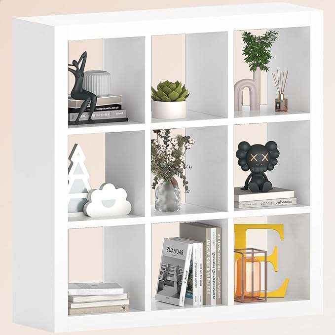 Bookshelf 9-Cube Storage Organizer Sturdy Wooden Bookcase Open Book Shelf, Multifunctional Cubicle Rack for Storages & Display, Furniture for Living Room Bedroom Office, White