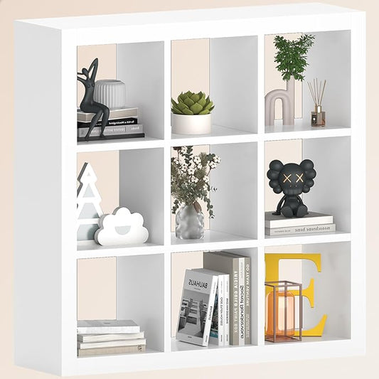Bookshelf 9-Cube Storage Organizer Sturdy Wooden Bookcase Open Book Shelf, Multifunctional Cubicle Rack for Storages & Display, Furniture for Living Room Bedroom Office, White