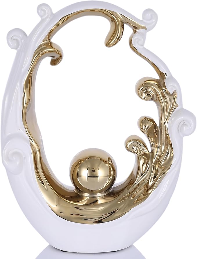 Abstract Ceramic Sculpture, White and Gold Modern Tabletop Statue Wave-Inspired, for Home Decor, Decorative Accent for Shelf, Mantel, Coffee Table, Console or Entryway