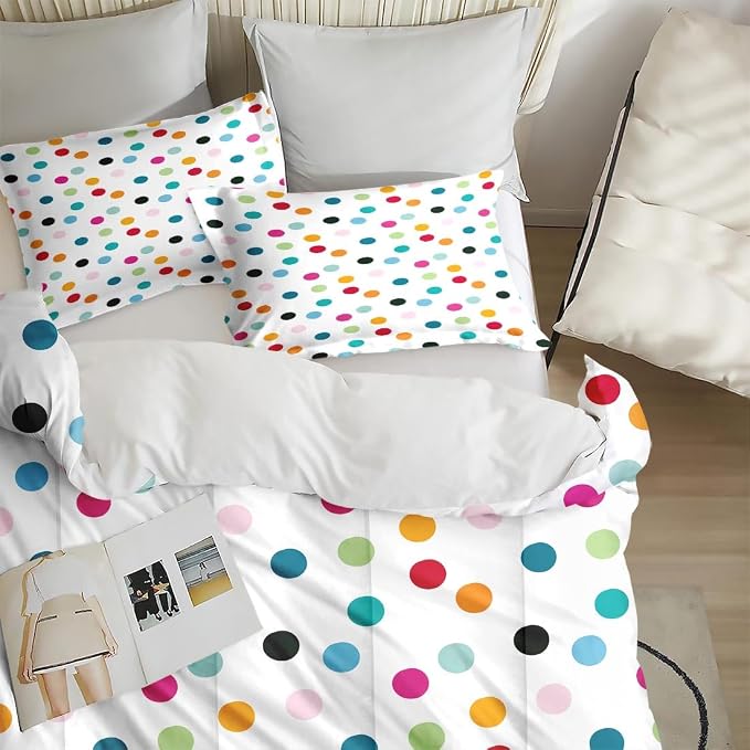 Comforter Set with 2 Pillowcases King Size, Fun Colorful Polka Dots, Bed Decor White Cute Girly Colored Circles for Kids and Adults, Soft Cozy Bedroom Bedding Set