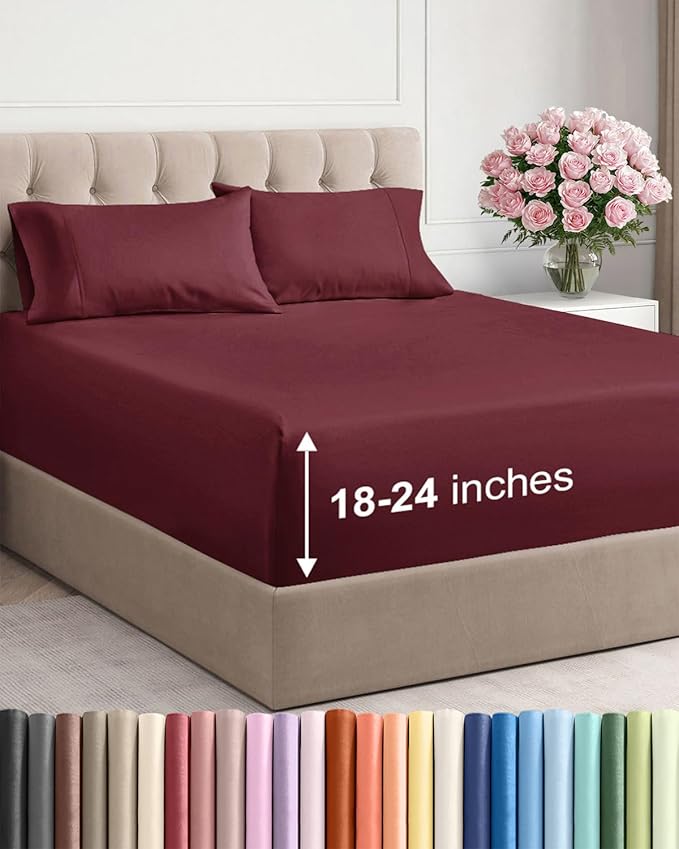 Extra Deep Twin Sheet Set - 4 Piece Breathable and Cooling Sheets - Hotel Luxury Bedding for Women, Men, Kids & Teens - Easy & Secure Fit - Soft, Wrinkle Free and Comfy - Extra Deep Pockets - Burgundy