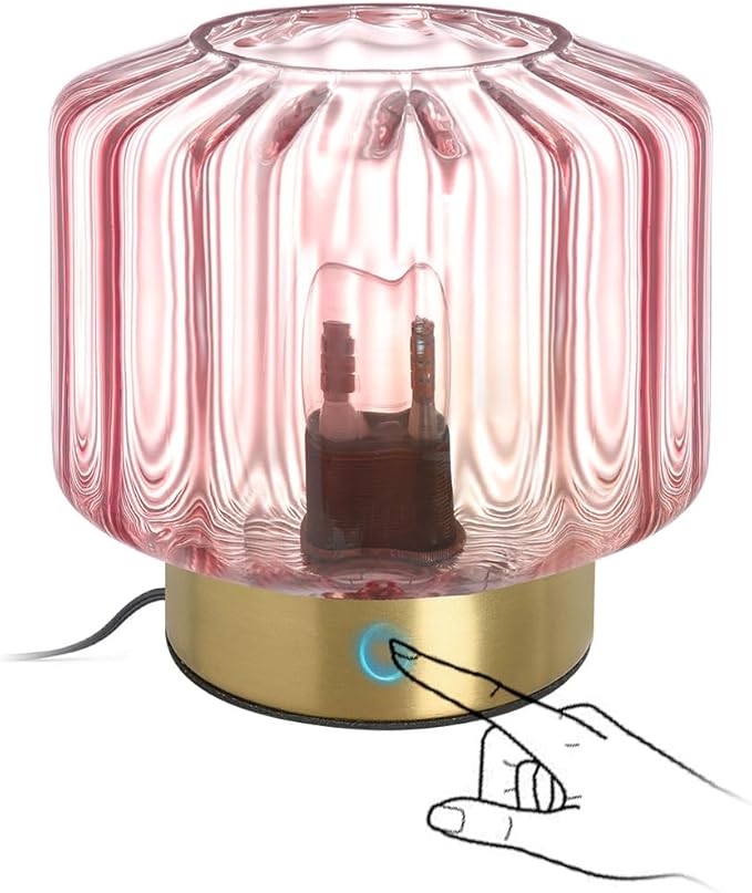 Small Touch Table Lamp for Bedside, Pink Glass Table Lamps with Gold Metal Base, Mid Century Modern Lamps Mini Table Lamp nightstand lamp Globe Desk lamp for Bedroom Living Room Office
