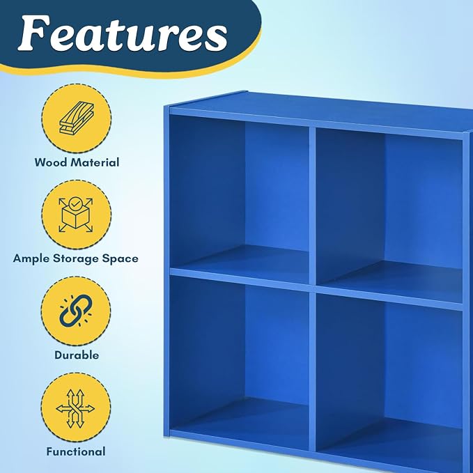 Kings Brand Furniture George 4-Cube Storage Organizer, 2-Tier Bookcase with Wood Shelves for Living Room, Bedroom, Nursery, or Home Office (Blue, 1-Pack)