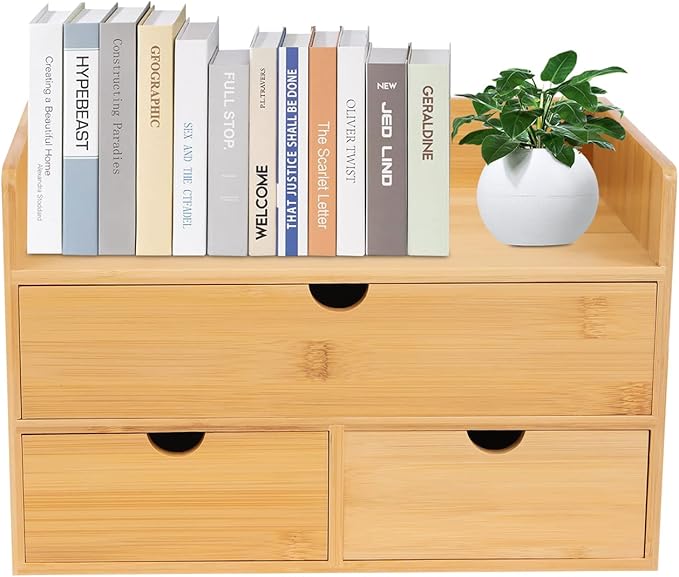 Bamboo Desk Organizer Small Retro Bamboo Tabletop Storage Box with Drawers& Recess Handles for Office Home Supplies Table Storage Collector 12 * 7.87 * 8.27in (3 Drawers/1 Top&2 Bottom)