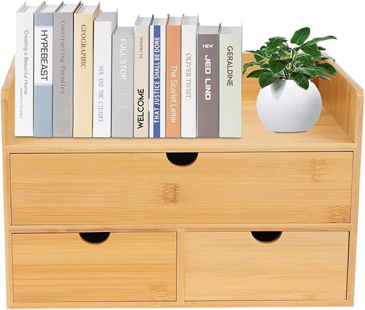 Bamboo Desk Organizer Small Retro Bamboo Tabletop Storage Box with Drawers& Recess Handles for Office Home Supplies Table Storage Collector 12 * 7.87 * 8.27in (3 Drawers/1 Top&2 Bottom)