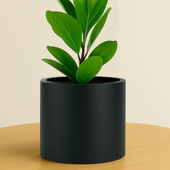 Fox & Fern Large Indoor Planter, Modern Large Plant Pot for Indoor or Outdoor, UV and Frost Resistant - 8 Inch, Fiberstone, Matte Black Flower Pot with Drainage Plug, Lightweight