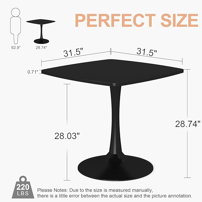31.5 Inch Black Square Dining Table, Mid Century Tulip Table for 2-4 People,Kitchen Dining Table with MDF Tabletop and Pedestal Base
