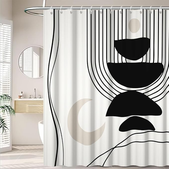 Black White Boho Shower Curtain for Bathroom Modern Abstract Minimalist Neutral Bathroom Decor Mid Century Arch Moon Geometric Bath Curtain Washable Waterproof Polyester Fabric with Hooks 72x96 Inch
