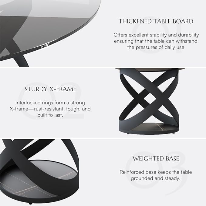 POVISON 59" Modern Round Dining Table, Glass Round Kitchen Table for 6, Tempered Glass Dining Room Table top with Black X Carbon Steel Base (Dining Table Only)