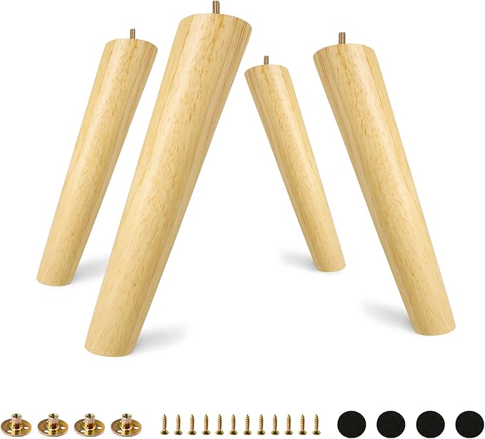 FoDau770 Rubber Wood Furniture Legs 10 Inches, Slant Tapered Wood Feet Mid Century Sofa Legs Set of 4, 5/16" UNC Furniture Feet Replacement Parts for Cabinet Couch Dresser Chair Ottoman Table