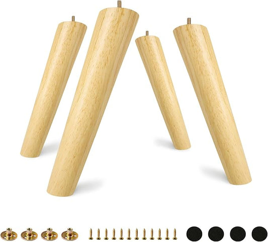 FoDau770 Rubber Wood Furniture Legs 10 Inches, Slant Tapered Wood Feet Mid Century Sofa Legs Set of 4, 5/16" UNC Furniture Feet Replacement Parts for Cabinet Couch Dresser Chair Ottoman Table