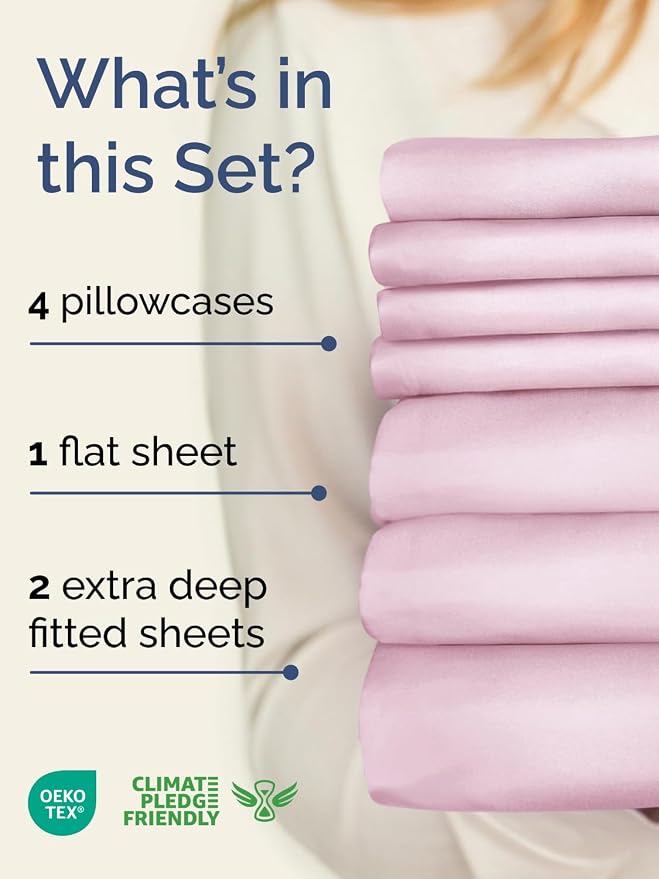Extra Deep Split King Sheet Set - 7 Piece Breathable and Cooling Sheets - Hotel Luxury Bedding for Women, Men, Kids & Teens - Easy Secure Fit - Soft & Wrinkle Free - Extra Deep Pockets - Light Pink