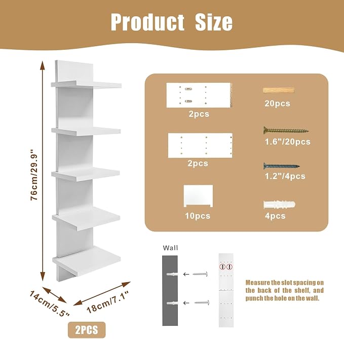 2 PCS 5 Tier Shelves for Wall, Decorative Wall Mounted Vertical Shelving Column Decor Mount Floating Storage Organizer Natural Finish Wall Shelf for Living Room, Bedroom, Bathroom