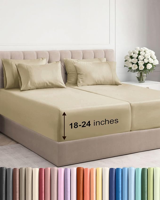 Extra Deep Split King Sheet Set - 7 Piece Breathable and Cooling Sheets - Hotel Luxury Bedding for Women, Men, Kids & Teens - Easy Secure Fit - Soft, Wrinkle Free & Comfy - Extra Deep Pockets - Beige