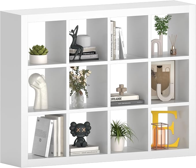 furtble 12-Cube Storage Organizer, Modern White Bookcase for Bedroom, Multifunctional Display Cube Bookshelf for Living Room, Bedroom, Home Office