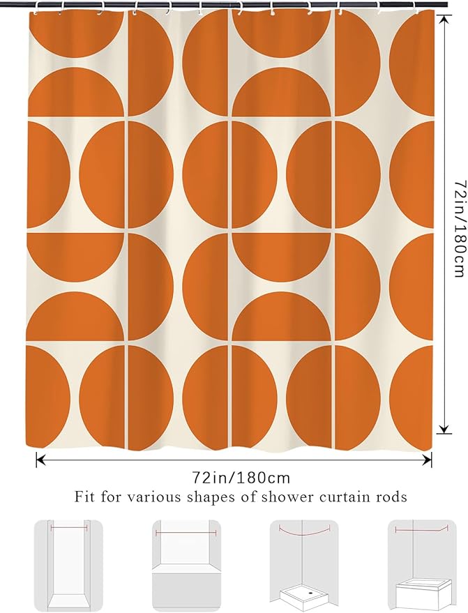 Orange Mid Century Modern Shower Curtain, Boho Abstract Geometric Retro Art Bath Curtains For Bathroom, Colorful Unique Pattern Waterproof Polyester Fabric Bathroom Accessories Set 12 Hooks 72X78IN