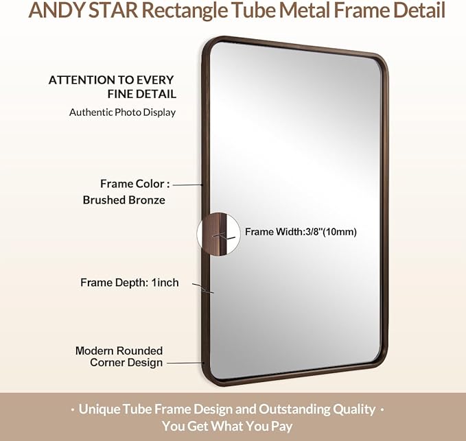 ANDY STAR 40x36 Inch Bronze Bathroom Mirror, Rounded Rectangle Oil Rubbed Bronze Mirrors for Bathroom,Tube Metal Framed, 1’’ Deep Wall Mounted Vertically/Horizontal