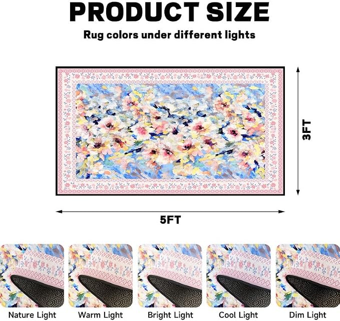 Floral Oil Painting Area Rug Watercolor Flower Print Rugs for Entryway Bedroom Living Room Nursery Kitchen Playroom Home Decor Washable Low Pile Floor Mat Carpet,3'x5'