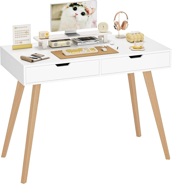 FOTOSOK White Computer Writing Desk with 2 Drawers, Small Desk Makeup Vanity Table Wood Desk with 4 Oak Legs, Modern Home Office Desk Console Study Table