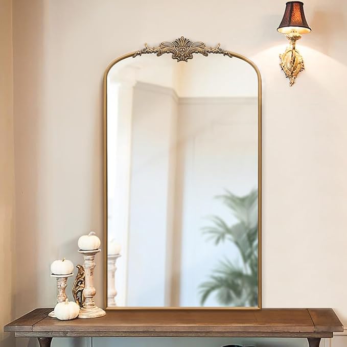 Besdomus Vintage Gold Arched Mirror: 24"x42" Large Arch Gold Antique Wall Mounted Mirror - Traditional Ornate Home Decor for Entryway/Fireplace/Bathroom - Idea for High-Income Homemakers