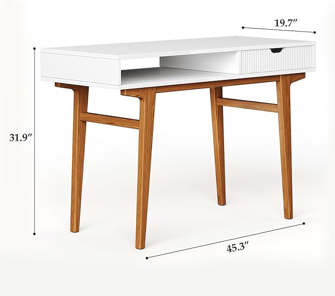 White Computer Desk with Drawers - 45 inch Minimalist Small Solid Wood Mid-Century Modern Office Desk for Home - Boho Style Writing Table with Open Storage,Light Wooden Desk Workspace