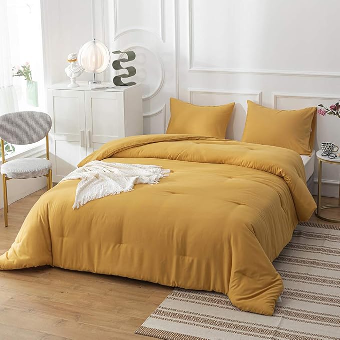 Pureant Mustard Yellow Comforter Set Full Dark Yellow Bedding Comforter Sets Yellow Full Comforter for Women Girls Soft Turmetric Yellow Full Size Comforter Sets Solid Ginger Yellow Blanket Durable