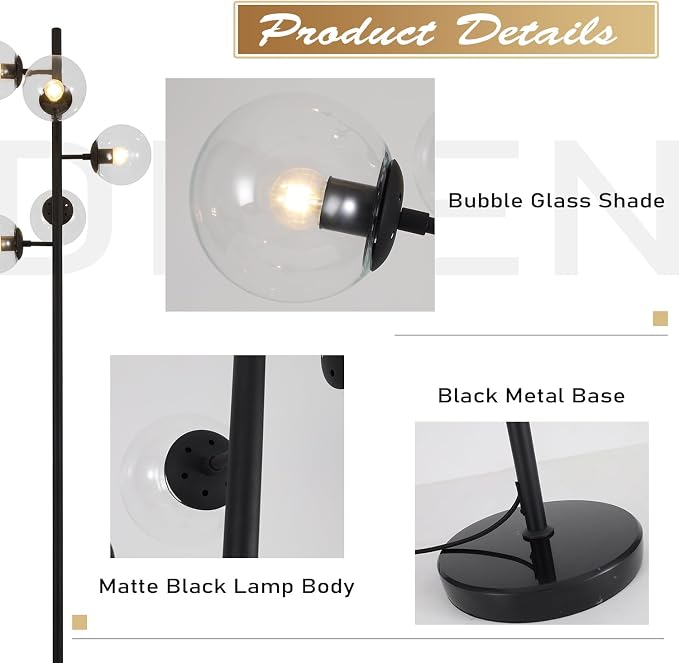 KCO Lighting 5 Light Globe Floor Lamp Black Tall Floor Lamp Mid Century Modern Floor Light Contemporary Standing Lamps for Living Room Bedrooms Office