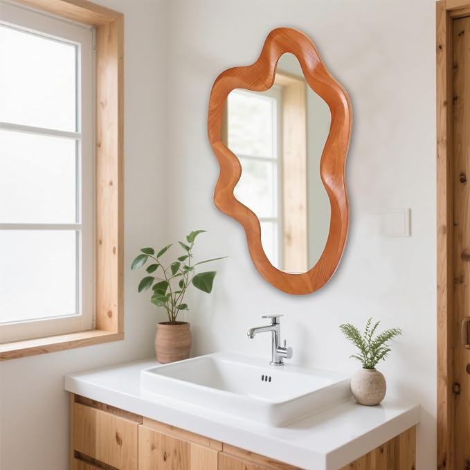 Gluck Plants Irregular Wall Mirror,Wavy Asymmetrical Wood Framed Decorative Mirror, Funky Modern Walnut Unique Large Shaped Decor Wall Mirrors for Entryway,Bedroom, Living Room;24"x36"