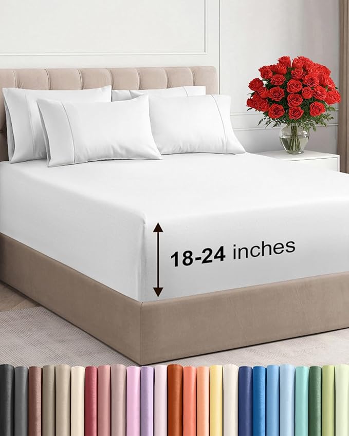 Extra Deep Cal King Sheet Set - 6 Piece Breathable and Cooling Sheets - Hotel Luxury Bedding for Women, Men, Kids & Teens - Easy Secure Fit - Soft, Wrinkle Free and Comfy - Extra Deep Pockets - White