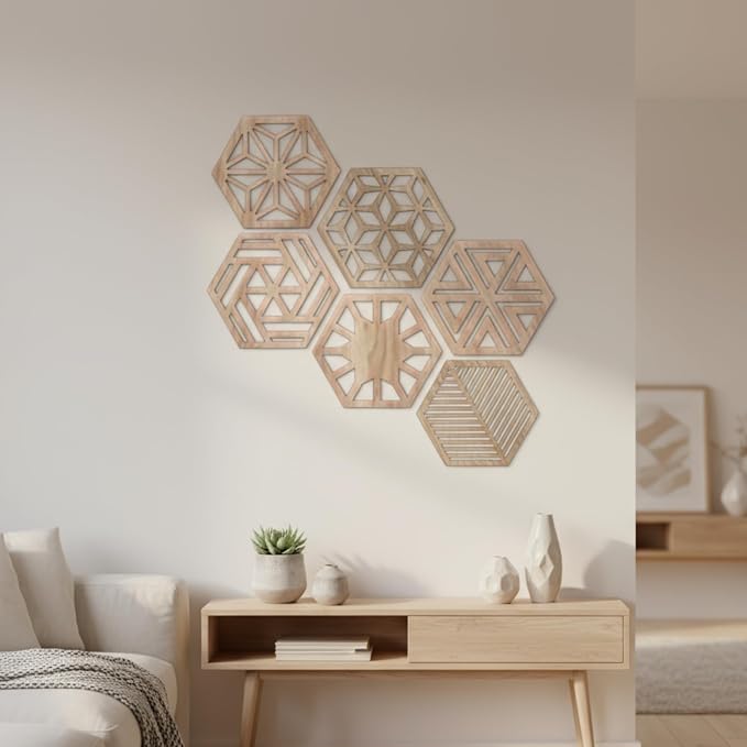 Ripeng 6 Pcs Honey Comb Decorations 11.8 Inch Hexagon Wall Decor Farmhouse Wood Earthy Hexagon Wall Panels Modern Hollow Carved Design Rustic Abstract Decor for Living Room Kitchen(6 Style)
