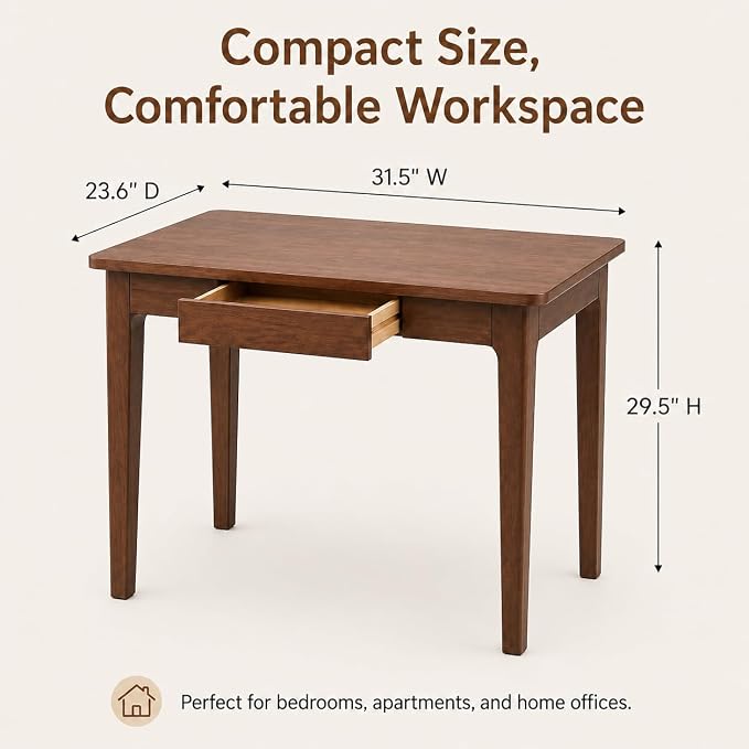 Mid Century Modern Desk with Drawers,31.5 inch Solid Wood Writing Desk for Home Office Bedroom,Small Computer Desk for Spaces Easy Assembly Walnut
