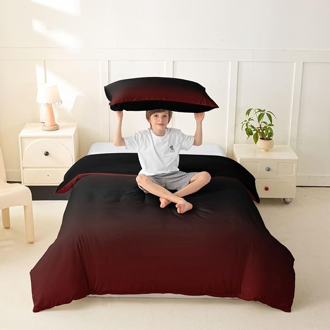 Erosebridal Red and Black Toddler Duvet Cover Ombre Bedding Set for Kids Teens Abstract Gradient Comforter Cover Contemporary Art Bed Set, 1 Pillowcase