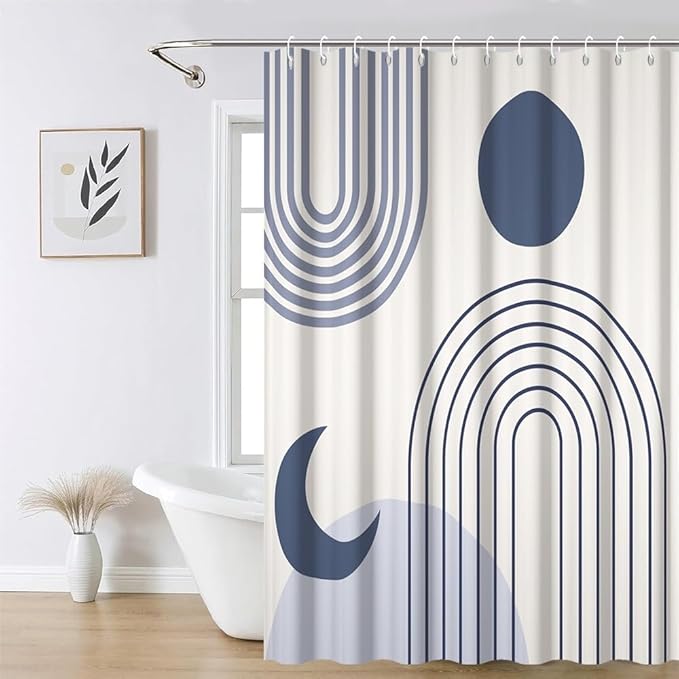 Boho Shower Curtain for Bathroom Modern Minimalist Neutral Bathroom Decor Set Blue Stripes Abstract Sun Moon Chic Aesthetic Bathtub Curtains Washable Waterproof Polyester Fabric with Hooks 65x72 Inch