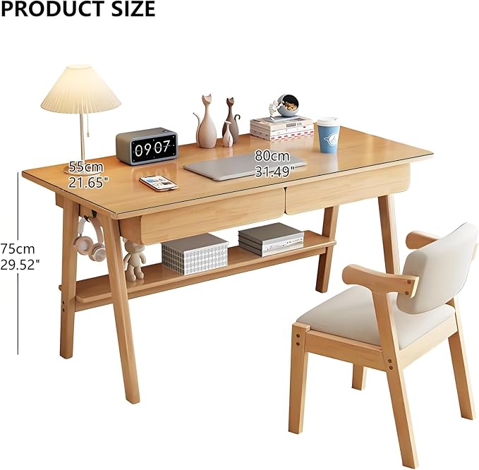 Solid Wood Writing Desk, Mid-Century Modern Desk with 2 Drawers and Storage Shelf, Home Office Computer Desk, Easy Assembly(31inches, Natural)