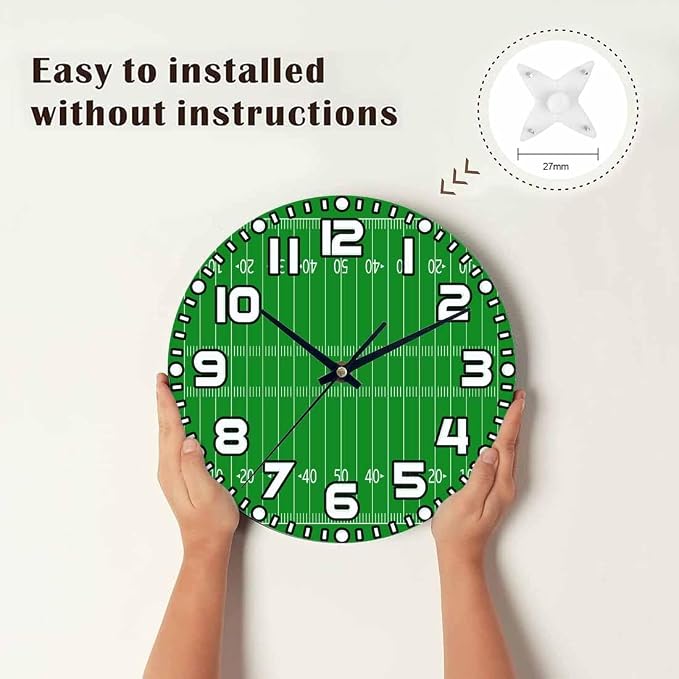American Football Field Wall Clock 10 inch Round Silent Non Ticking Wood Wall Clocks Battery Operated Easy to Read Decorative Wall Clock for Bedroom Kitchen Living Room Bathroom