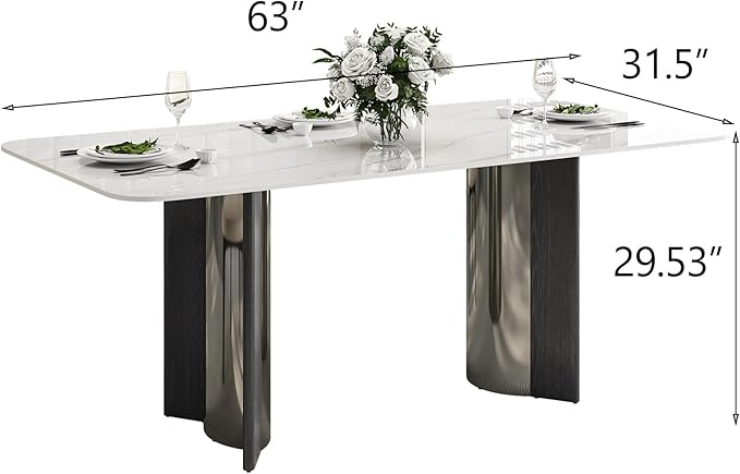Modern Sintered Stone White Dining Table for 4-6 with Stainless Steel & Wood Legs, 63 Inch Glossy Kitchen Table, Easy Assembly Rectangular Dining Room Table (Table Only)