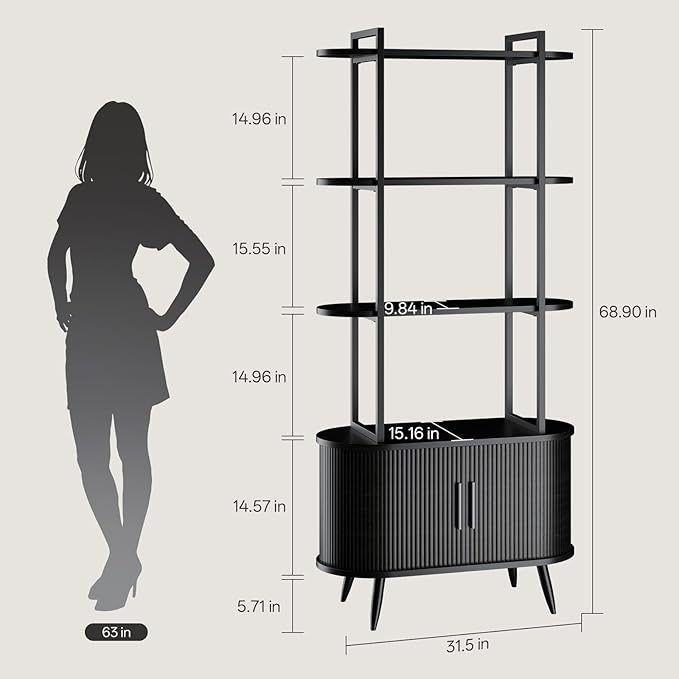 Airynee 69'' Tall Bookshelf, 4-Tier Fluted Bookshelf, Storage Cabinet with Sliding Tambour Doors, Modern Bookcase with Adjustable Footpad & Metal Frame, for Living Room Home Office, Black
